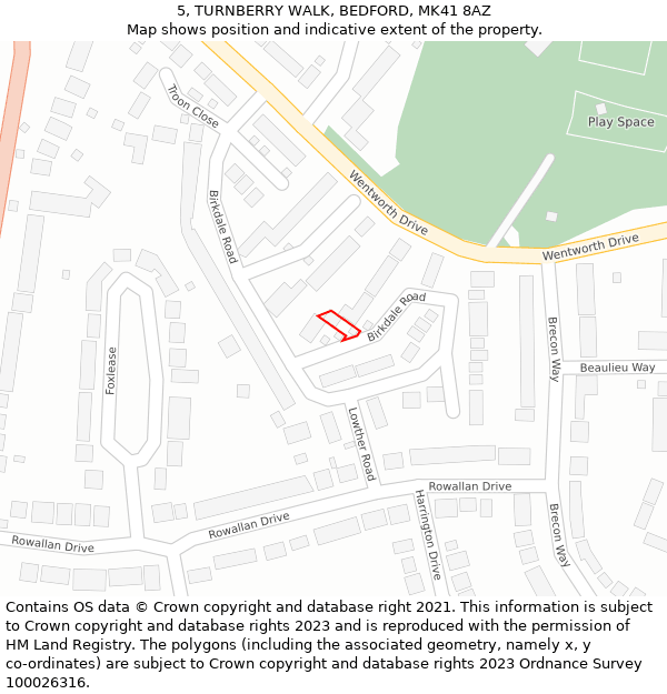5, TURNBERRY WALK, BEDFORD, MK41 8AZ: Location map and indicative extent of plot