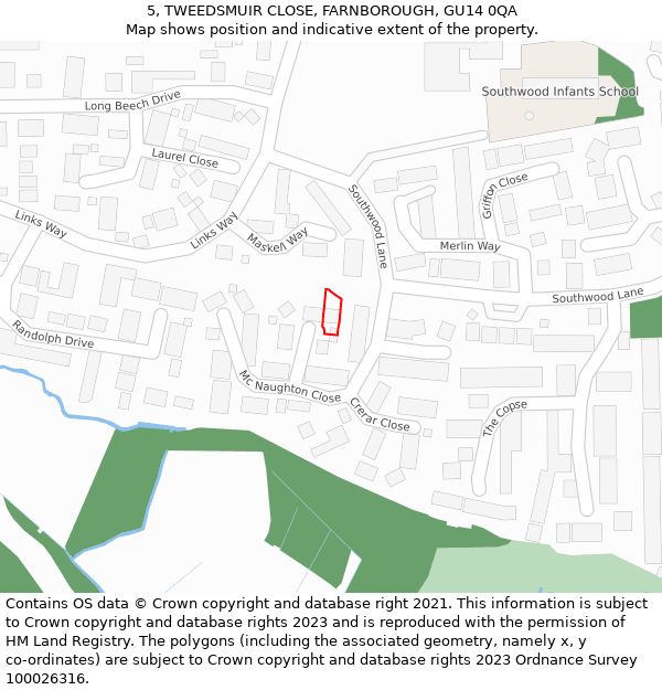 5, TWEEDSMUIR CLOSE, FARNBOROUGH, GU14 0QA: Location map and indicative extent of plot