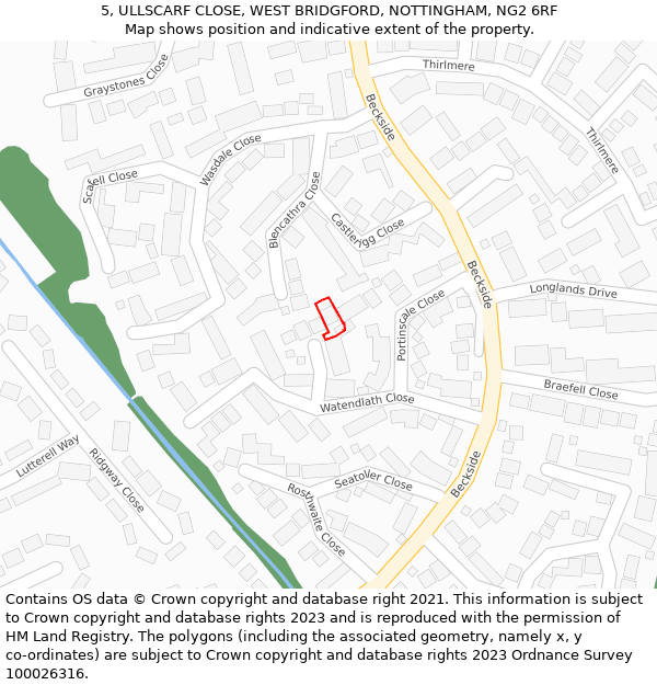 5, ULLSCARF CLOSE, WEST BRIDGFORD, NOTTINGHAM, NG2 6RF: Location map and indicative extent of plot