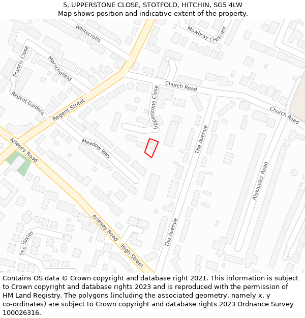 5, UPPERSTONE CLOSE, STOTFOLD, HITCHIN, SG5 4LW: Location map and indicative extent of plot