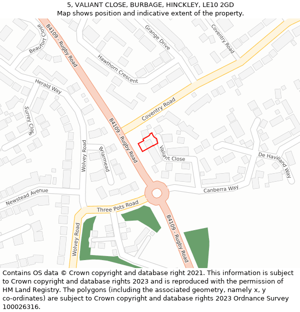 5, VALIANT CLOSE, BURBAGE, HINCKLEY, LE10 2GD: Location map and indicative extent of plot