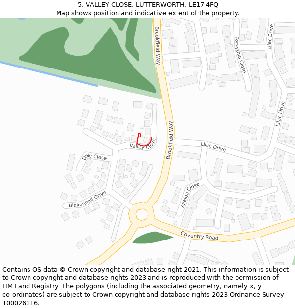 5, VALLEY CLOSE, LUTTERWORTH, LE17 4FQ: Location map and indicative extent of plot
