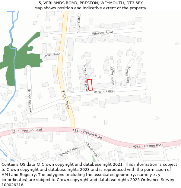 5, VERLANDS ROAD, PRESTON, WEYMOUTH, DT3 6BY: Location map and indicative extent of plot