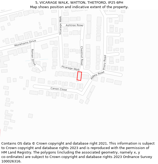 5, VICARAGE WALK, WATTON, THETFORD, IP25 6PH: Location map and indicative extent of plot