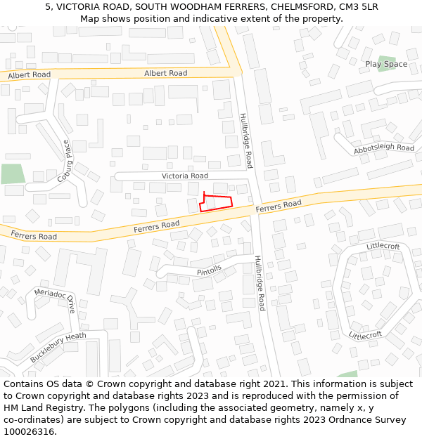 5, VICTORIA ROAD, SOUTH WOODHAM FERRERS, CHELMSFORD, CM3 5LR: Location map and indicative extent of plot