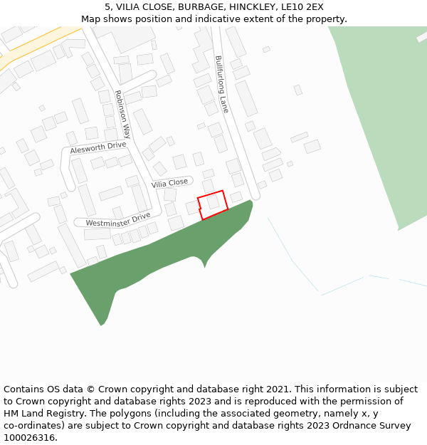 5, VILIA CLOSE, BURBAGE, HINCKLEY, LE10 2EX: Location map and indicative extent of plot