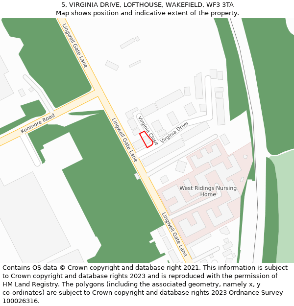 5, VIRGINIA DRIVE, LOFTHOUSE, WAKEFIELD, WF3 3TA: Location map and indicative extent of plot