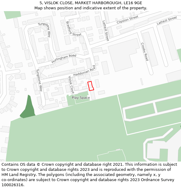 5, VISLOK CLOSE, MARKET HARBOROUGH, LE16 9GE: Location map and indicative extent of plot