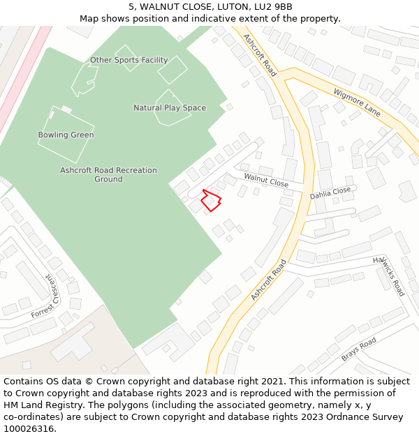 5, WALNUT CLOSE, LUTON, LU2 9BB: Location map and indicative extent of plot