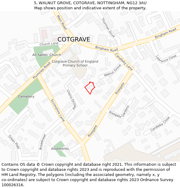 5, WALNUT GROVE, COTGRAVE, NOTTINGHAM, NG12 3AU: Location map and indicative extent of plot