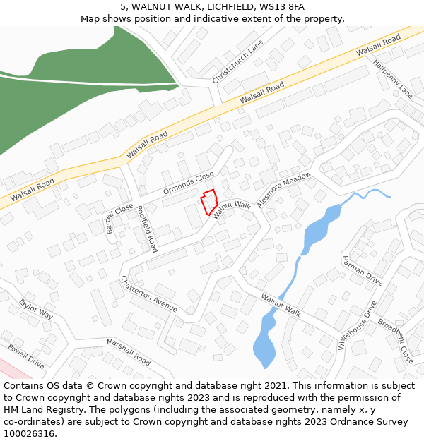 5, WALNUT WALK, LICHFIELD, WS13 8FA: Location map and indicative extent of plot