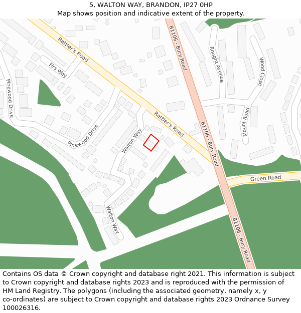 5, WALTON WAY, BRANDON, IP27 0HP: Location map and indicative extent of plot