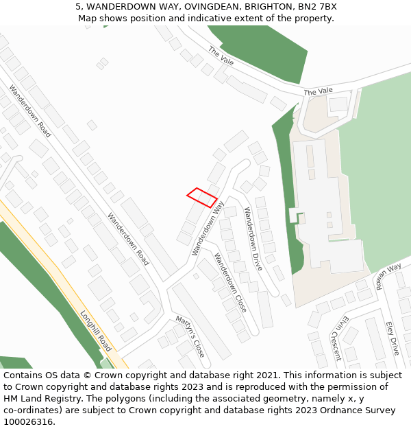 5, WANDERDOWN WAY, OVINGDEAN, BRIGHTON, BN2 7BX: Location map and indicative extent of plot