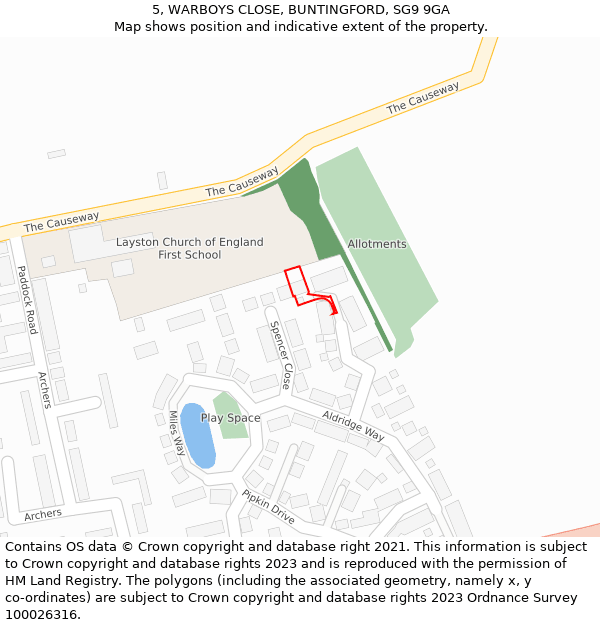 5, WARBOYS CLOSE, BUNTINGFORD, SG9 9GA: Location map and indicative extent of plot