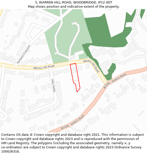 5, WARREN HILL ROAD, WOODBRIDGE, IP12 4DT: Location map and indicative extent of plot