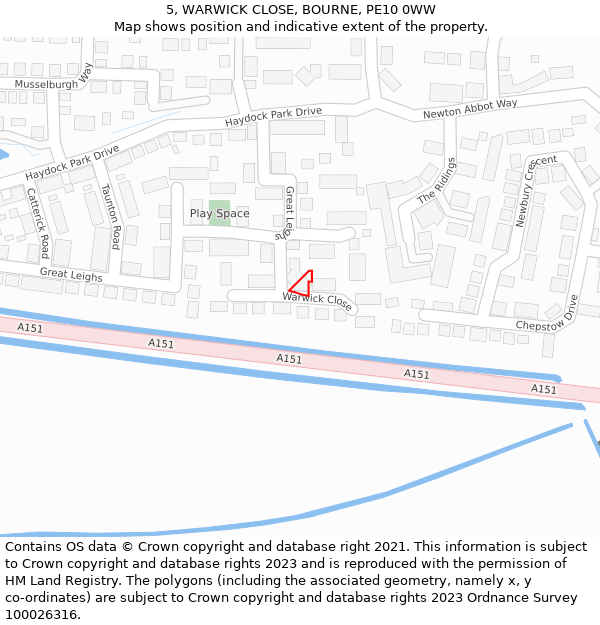 5, WARWICK CLOSE, BOURNE, PE10 0WW: Location map and indicative extent of plot