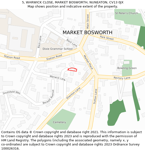 5, WARWICK CLOSE, MARKET BOSWORTH, NUNEATON, CV13 0JX: Location map and indicative extent of plot
