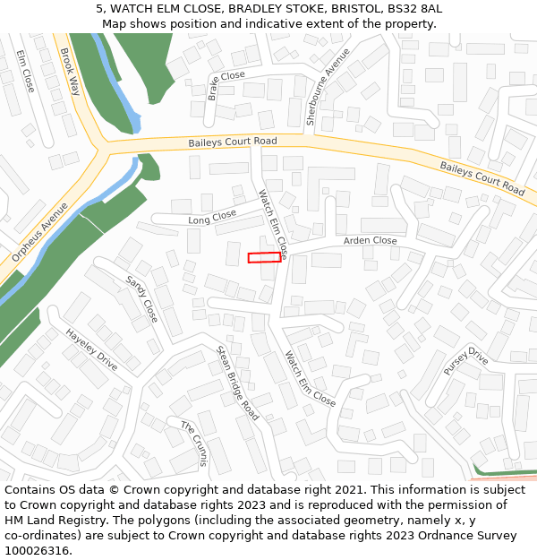 5, WATCH ELM CLOSE, BRADLEY STOKE, BRISTOL, BS32 8AL: Location map and indicative extent of plot