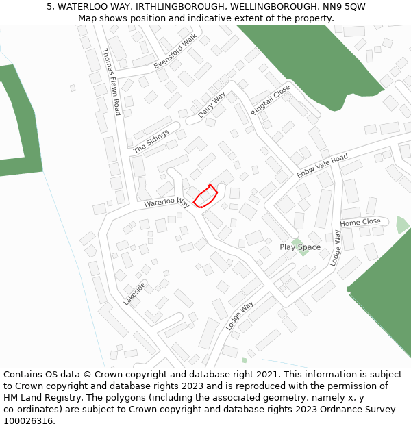 5, WATERLOO WAY, IRTHLINGBOROUGH, WELLINGBOROUGH, NN9 5QW: Location map and indicative extent of plot