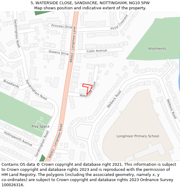 5, WATERSIDE CLOSE, SANDIACRE, NOTTINGHAM, NG10 5PW: Location map and indicative extent of plot