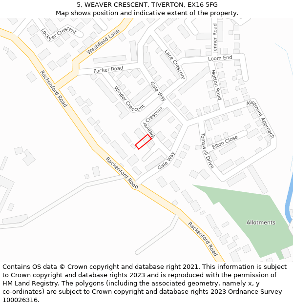 5, WEAVER CRESCENT, TIVERTON, EX16 5FG: Location map and indicative extent of plot