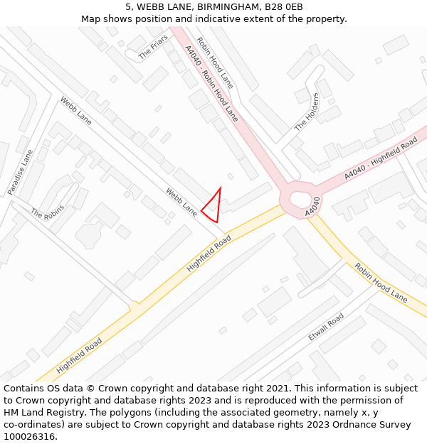 5, WEBB LANE, BIRMINGHAM, B28 0EB: Location map and indicative extent of plot