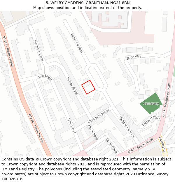 5, WELBY GARDENS, GRANTHAM, NG31 8BN: Location map and indicative extent of plot