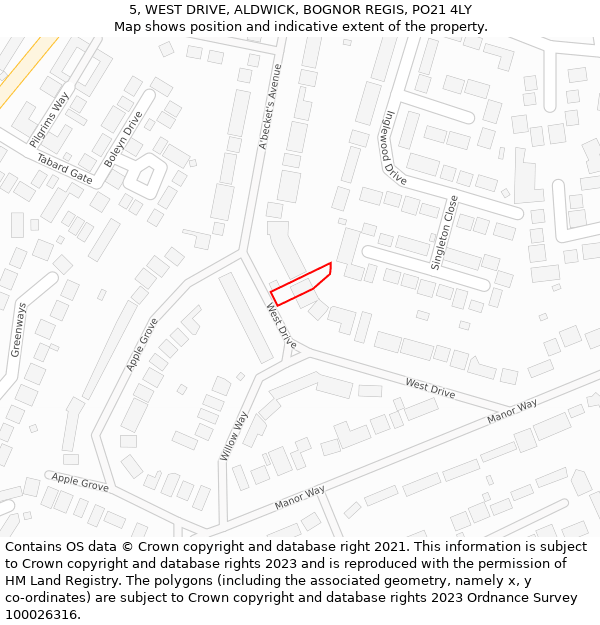 5, WEST DRIVE, ALDWICK, BOGNOR REGIS, PO21 4LY: Location map and indicative extent of plot