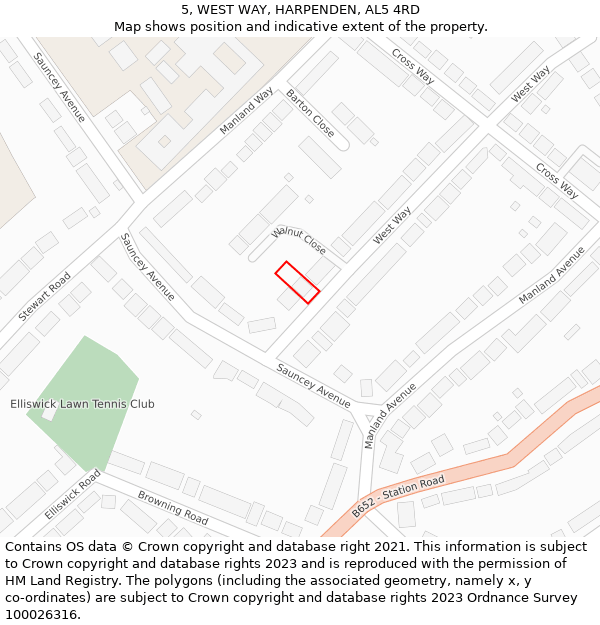 5, WEST WAY, HARPENDEN, AL5 4RD: Location map and indicative extent of plot