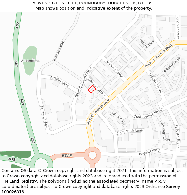 5, WESTCOTT STREET, POUNDBURY, DORCHESTER, DT1 3SL: Location map and indicative extent of plot