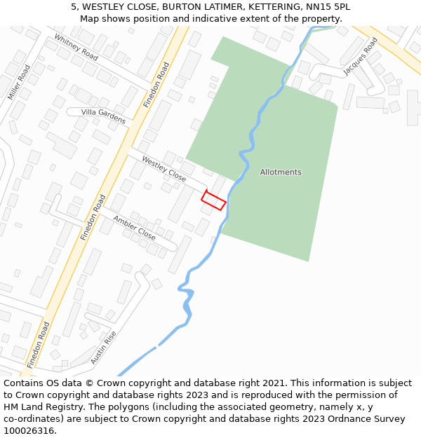 5, WESTLEY CLOSE, BURTON LATIMER, KETTERING, NN15 5PL: Location map and indicative extent of plot