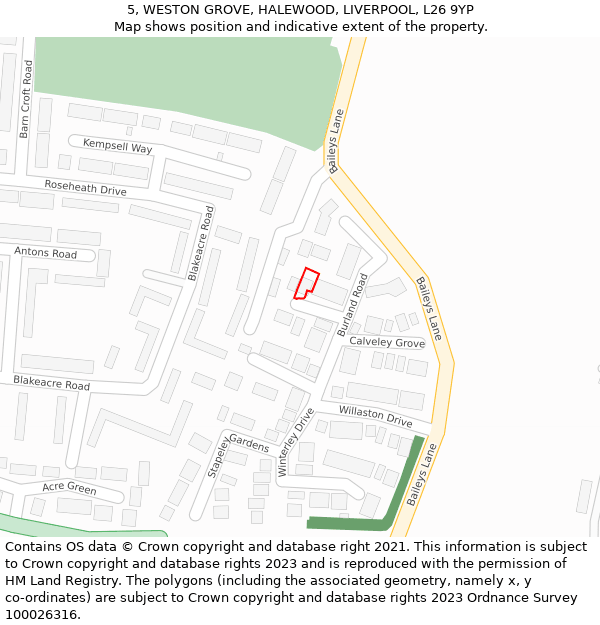 5, WESTON GROVE, HALEWOOD, LIVERPOOL, L26 9YP: Location map and indicative extent of plot
