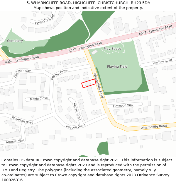 5, WHARNCLIFFE ROAD, HIGHCLIFFE, CHRISTCHURCH, BH23 5DA: Location map and indicative extent of plot