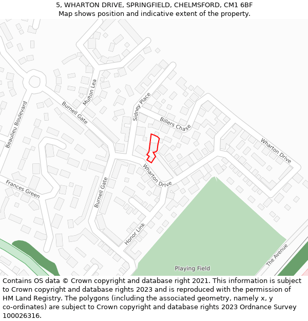 5, WHARTON DRIVE, SPRINGFIELD, CHELMSFORD, CM1 6BF: Location map and indicative extent of plot