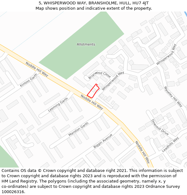 5, WHISPERWOOD WAY, BRANSHOLME, HULL, HU7 4JT: Location map and indicative extent of plot