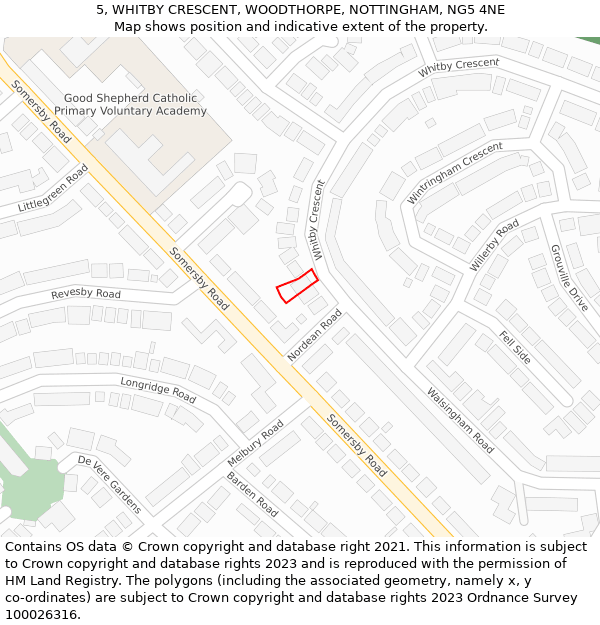 5, WHITBY CRESCENT, WOODTHORPE, NOTTINGHAM, NG5 4NE: Location map and indicative extent of plot