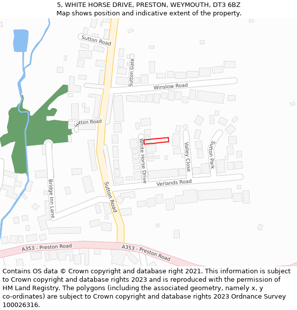 5, WHITE HORSE DRIVE, PRESTON, WEYMOUTH, DT3 6BZ: Location map and indicative extent of plot