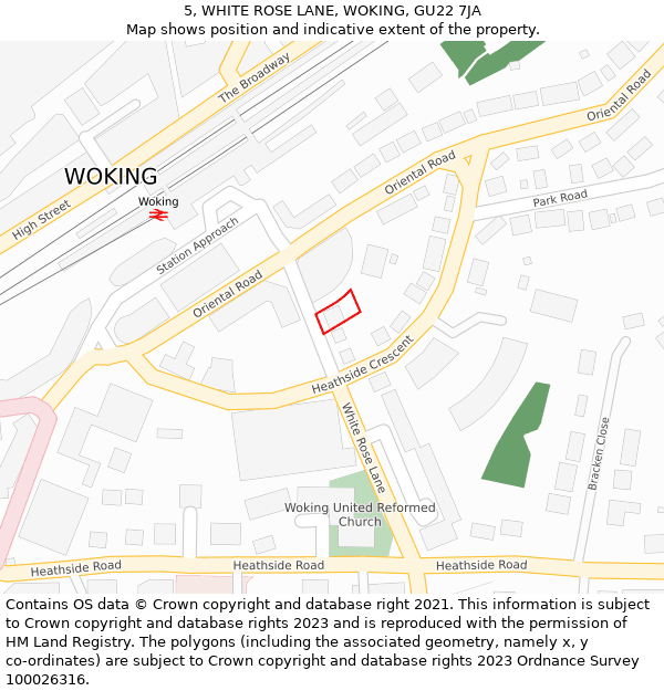 5, WHITE ROSE LANE, WOKING, GU22 7JA: Location map and indicative extent of plot