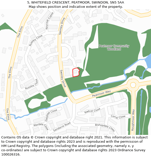 5, WHITEFIELD CRESCENT, PEATMOOR, SWINDON, SN5 5AA: Location map and indicative extent of plot