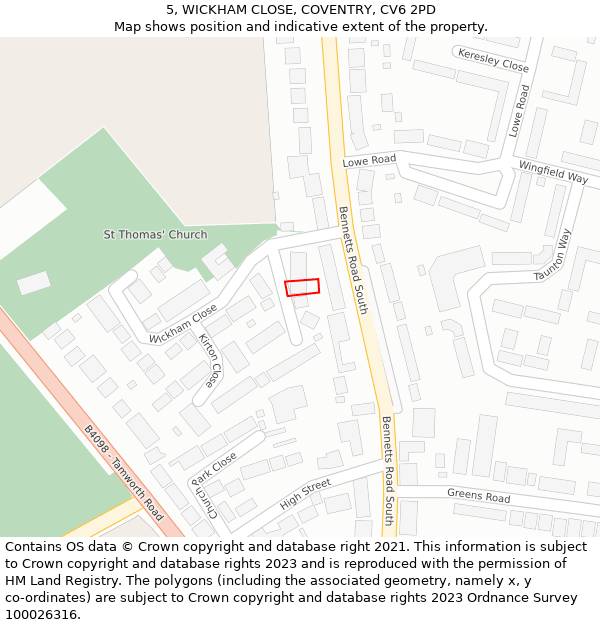 5, WICKHAM CLOSE, COVENTRY, CV6 2PD: Location map and indicative extent of plot