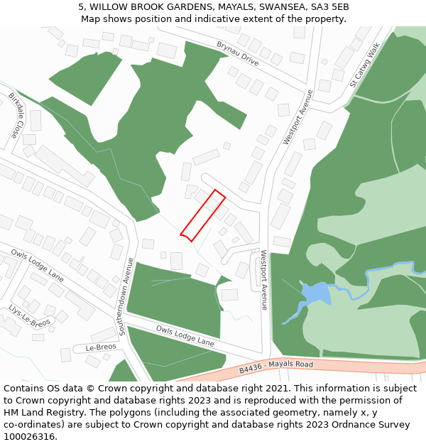 5, WILLOW BROOK GARDENS, MAYALS, SWANSEA, SA3 5EB: Location map and indicative extent of plot