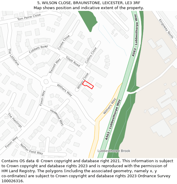5, WILSON CLOSE, BRAUNSTONE, LEICESTER, LE3 3RF: Location map and indicative extent of plot