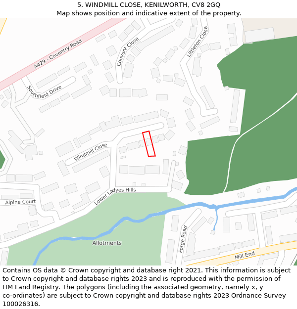 5, WINDMILL CLOSE, KENILWORTH, CV8 2GQ: Location map and indicative extent of plot