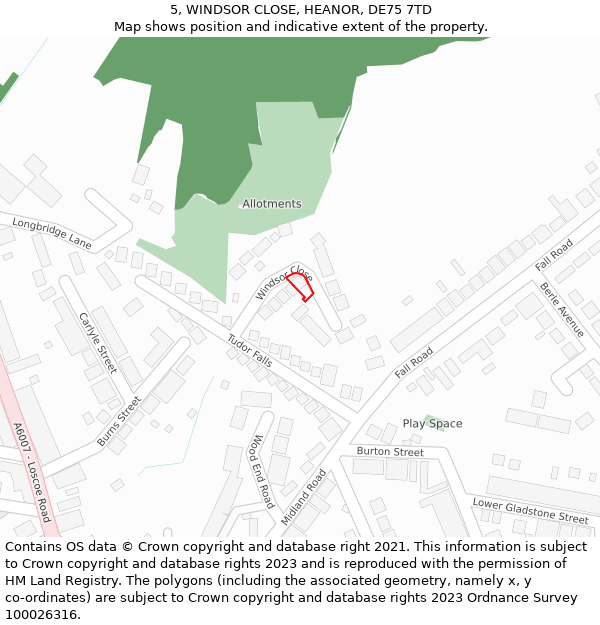 5, WINDSOR CLOSE, HEANOR, DE75 7TD: Location map and indicative extent of plot