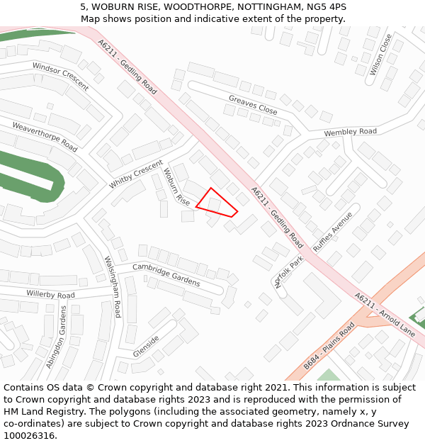 5, WOBURN RISE, WOODTHORPE, NOTTINGHAM, NG5 4PS: Location map and indicative extent of plot