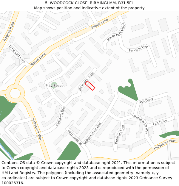 5, WOODCOCK CLOSE, BIRMINGHAM, B31 5EH: Location map and indicative extent of plot