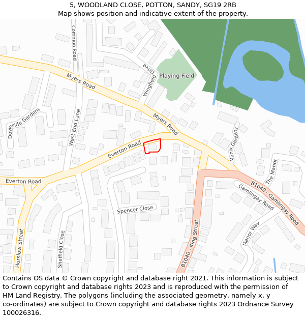 5, WOODLAND CLOSE, POTTON, SANDY, SG19 2RB: Location map and indicative extent of plot