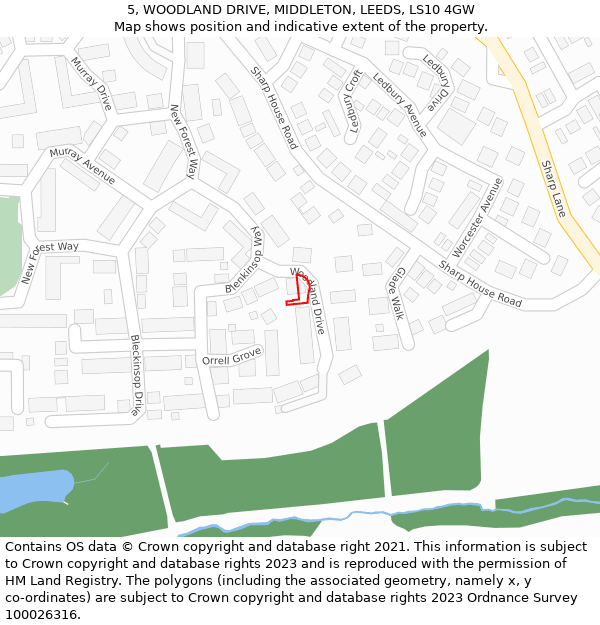 5, WOODLAND DRIVE, MIDDLETON, LEEDS, LS10 4GW: Location map and indicative extent of plot