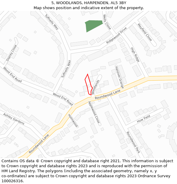 5, WOODLANDS, HARPENDEN, AL5 3BY: Location map and indicative extent of plot