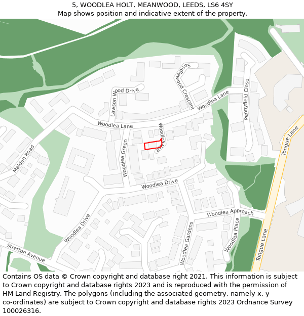 5, WOODLEA HOLT, MEANWOOD, LEEDS, LS6 4SY: Location map and indicative extent of plot